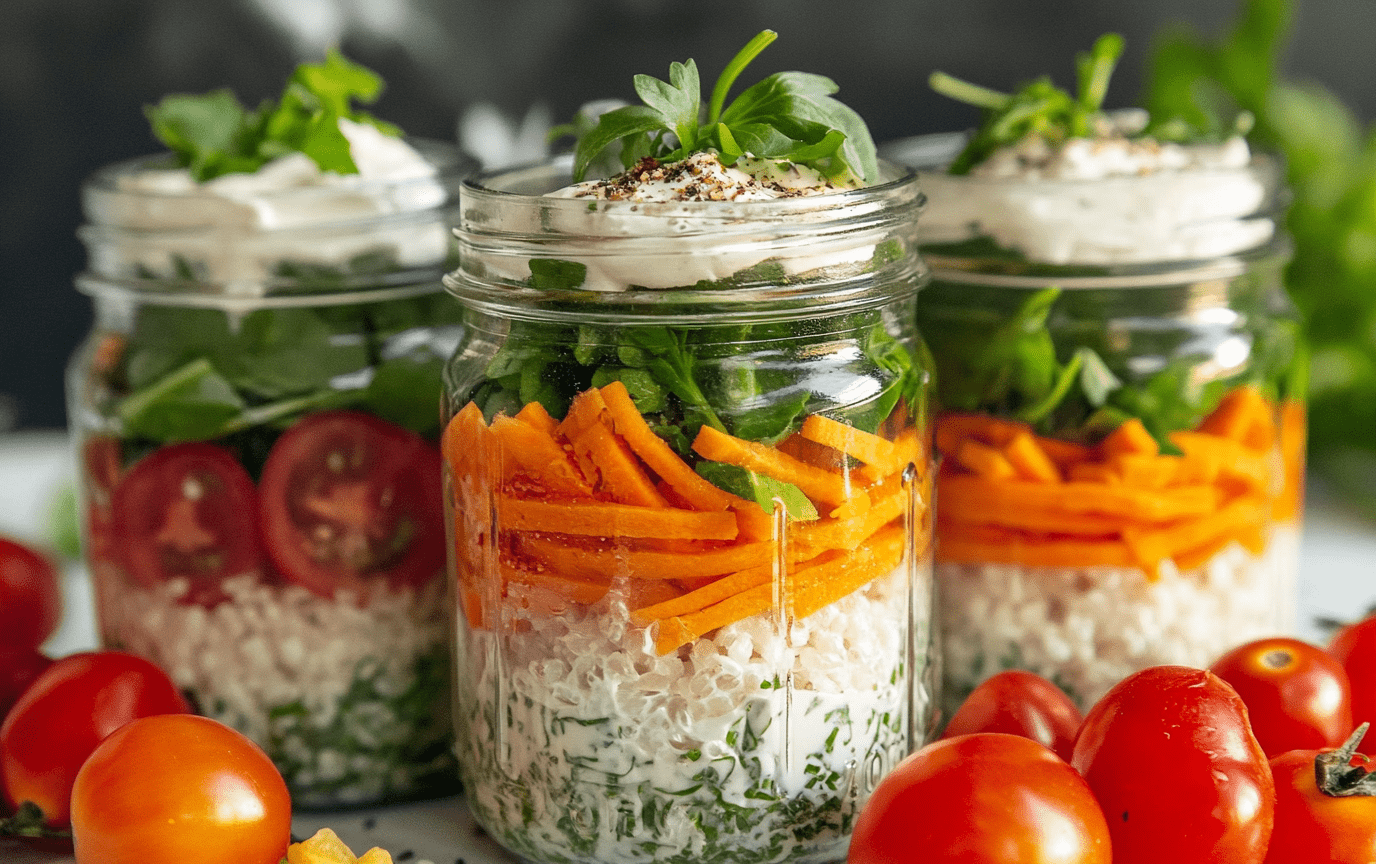 Colorful mason jar salad layered with greens, veggies, and dressing