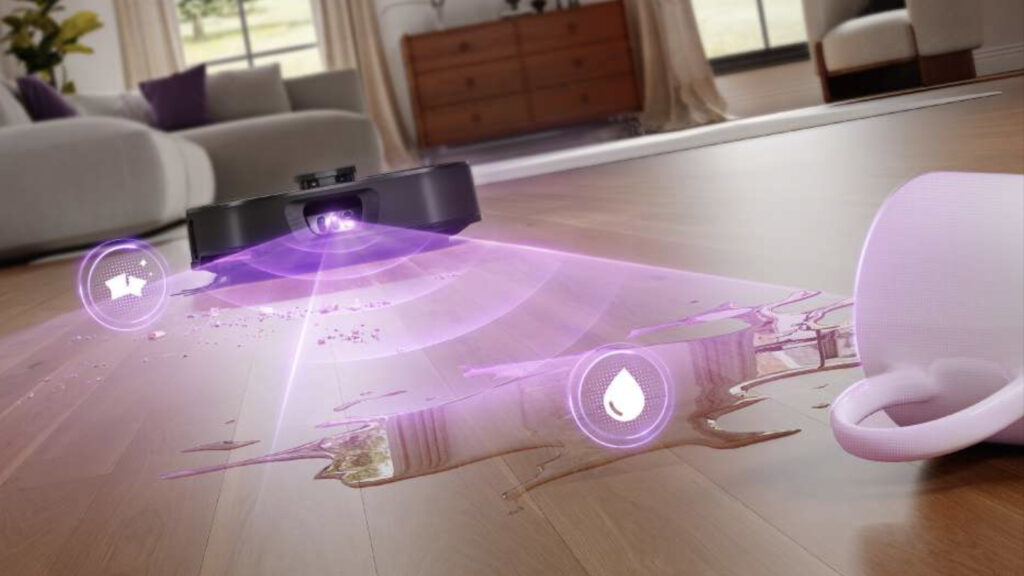 AI robot vacuum detecting crumbs and liquid spills with smart sensors