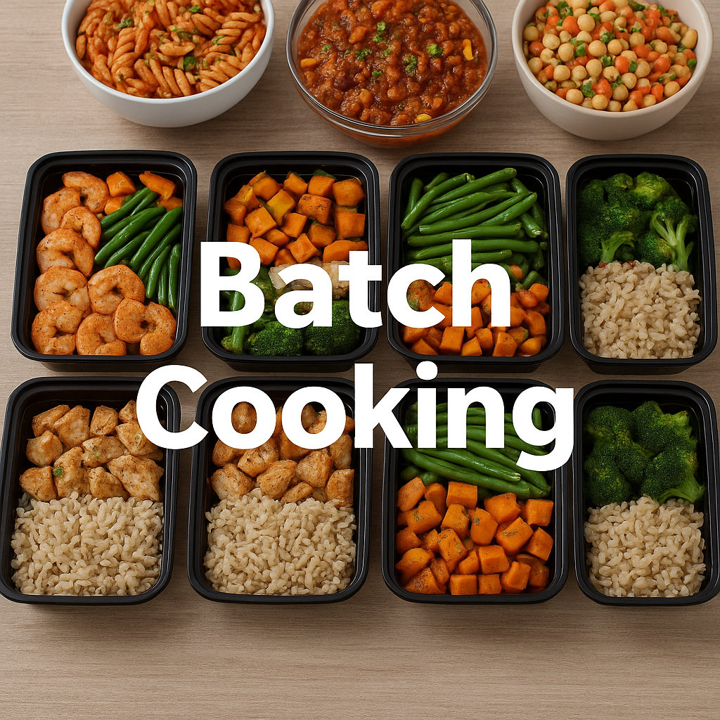 Batch cooking for family meal prep with multiple trays of roasted vegetables and proteins.