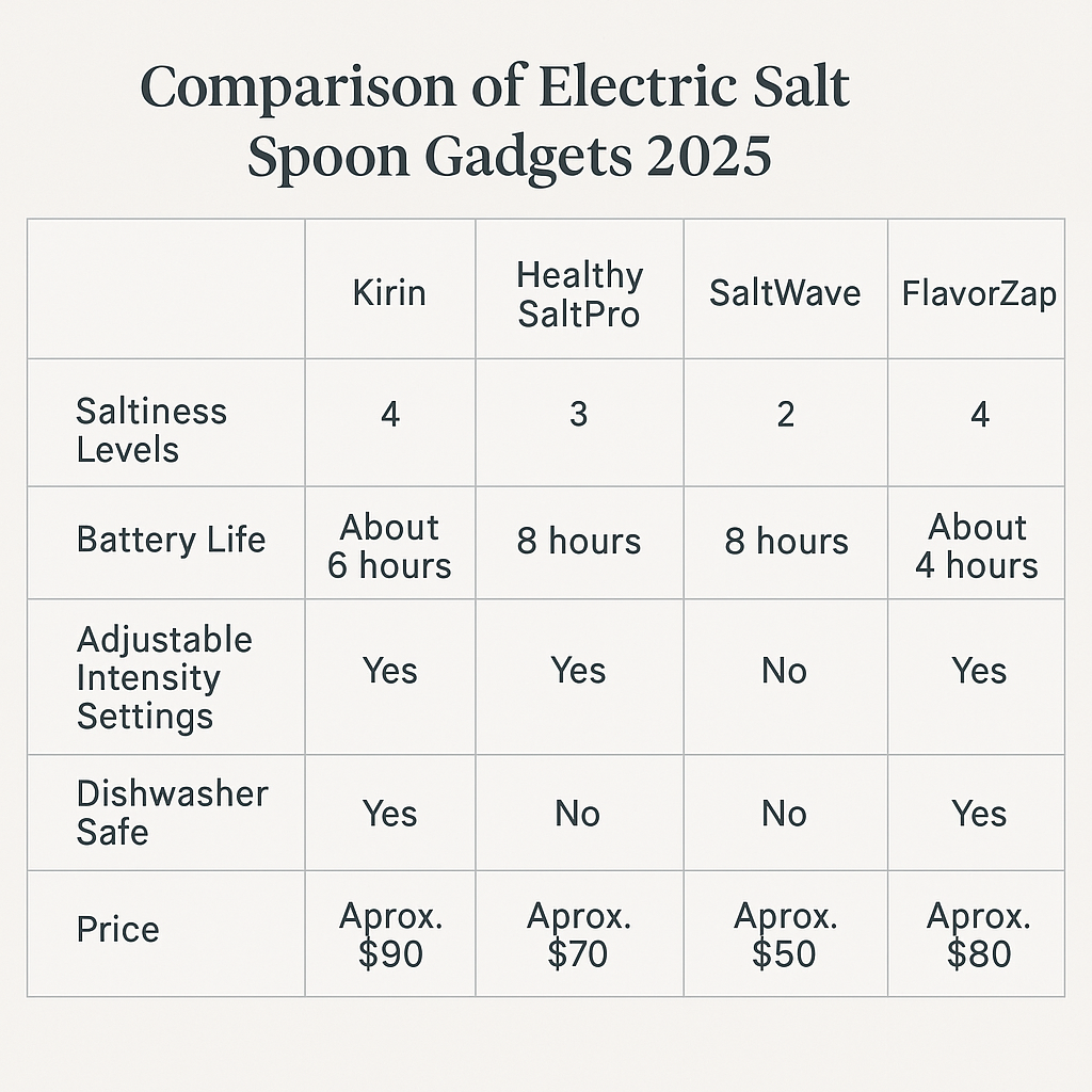 Comparison chart of top electric salt spoon gadgets 2025 features and pricing