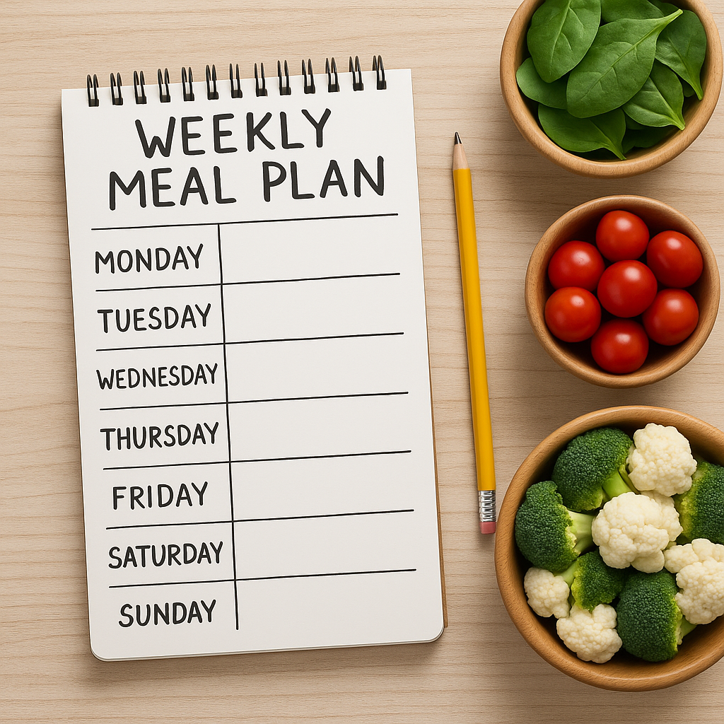 Family meal prep calendar with shopping list and weekly menu plan.