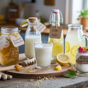 Functional drinks for gut health 2025 including kombucha, kefir, and prebiotic sodas