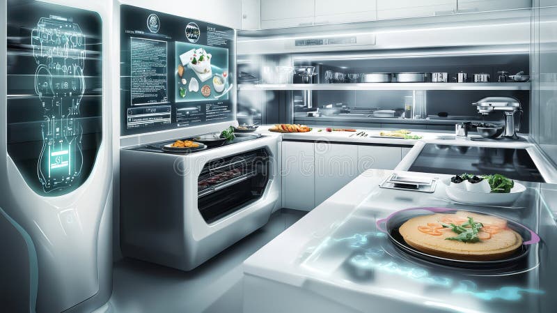 Future smart kitchen concept with AI, robots, and sustainable appliances