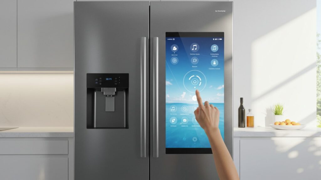 GE smart refrigerator with touchscreen, inventory camera, and voice assistant