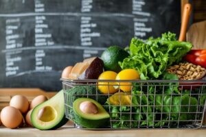 Keto shopping list essentials including eggs, chicken, avocados, and olive oil.