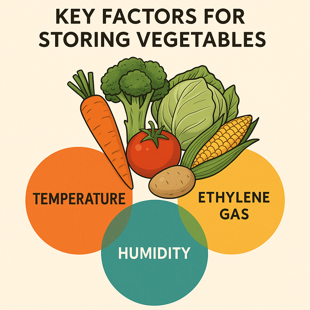 Key factors for storing vegetables temperature, humidity, ethylene gas.