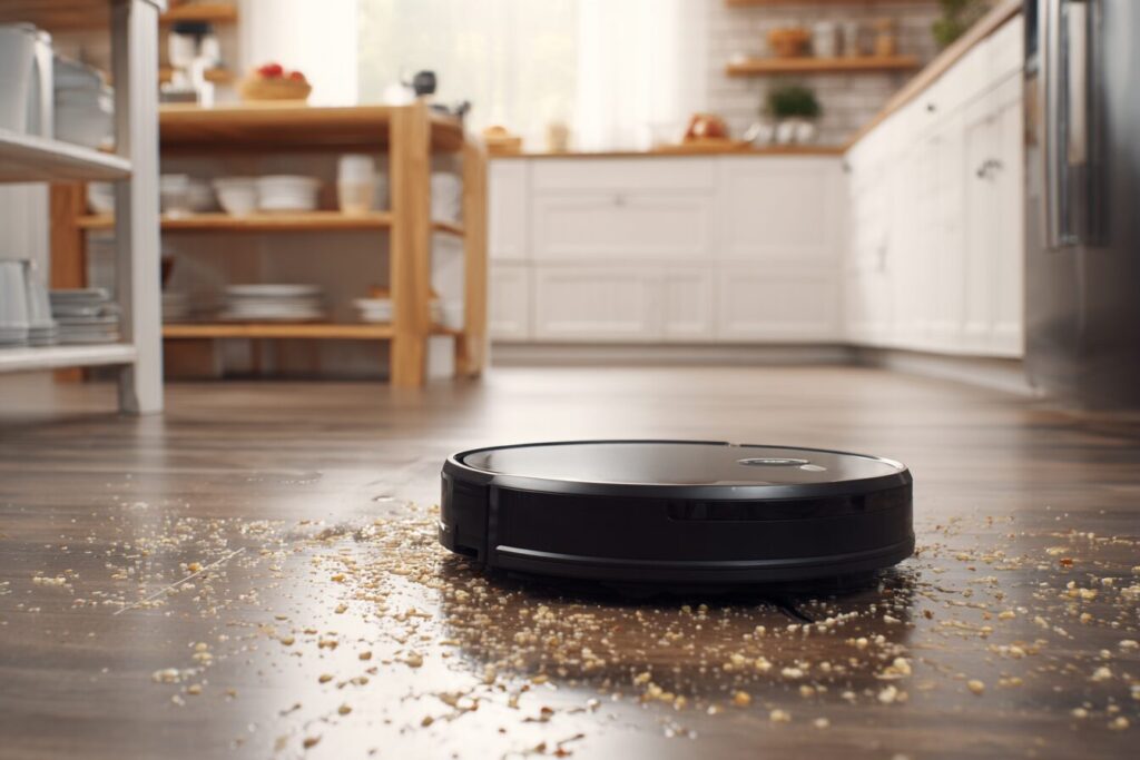 Robot vacuum cleaning kitchen floor after meal preparation with smart scheduling