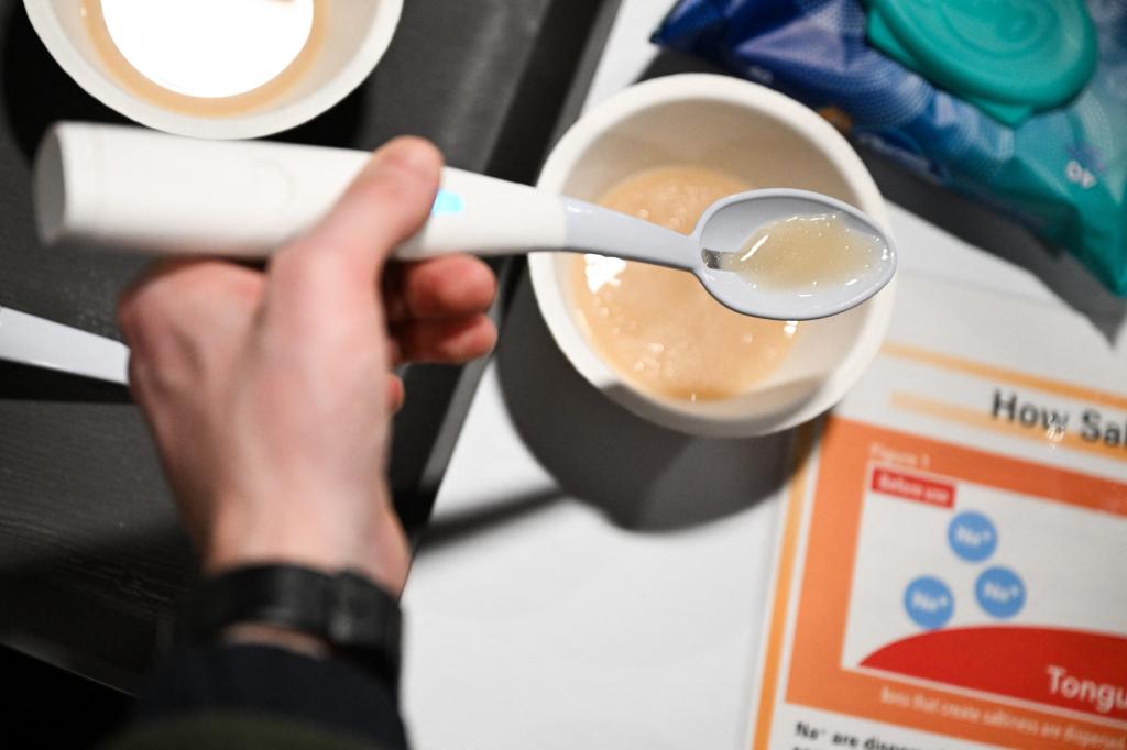 Soup and miso dishes tested with electric salt spoon gadget for enhanced flavor