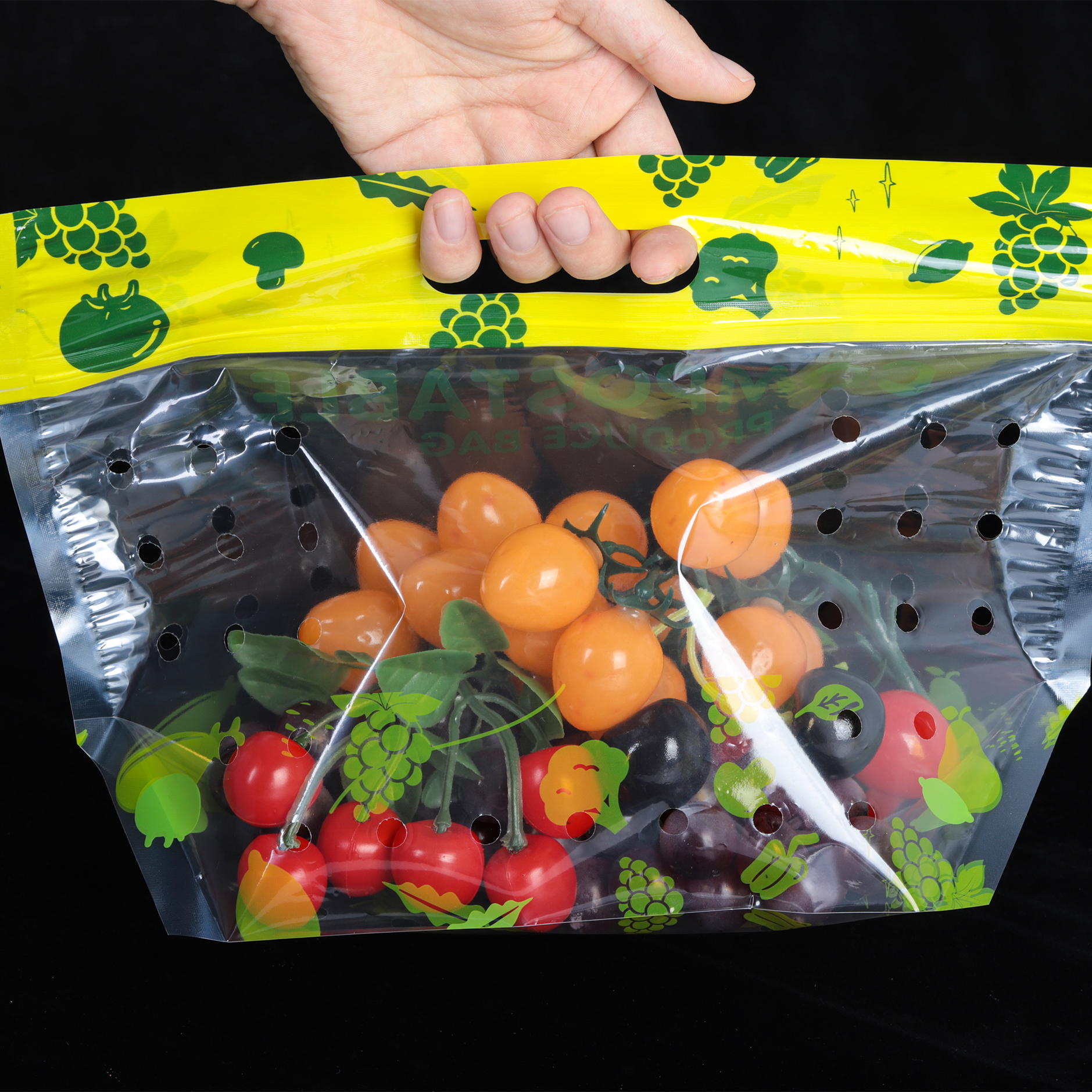 Vegetables stored in perforated plastic bags and breathable containers.