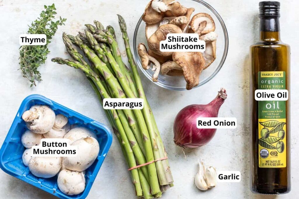fresh asparagus, mushrooms, garlic, and olive oil for quick recipe